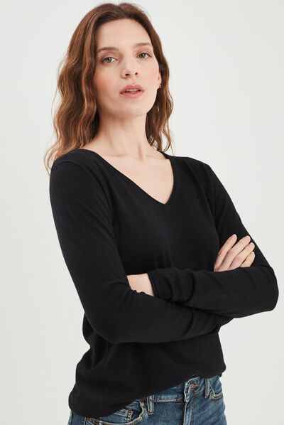 Pull avec col en V noir femme