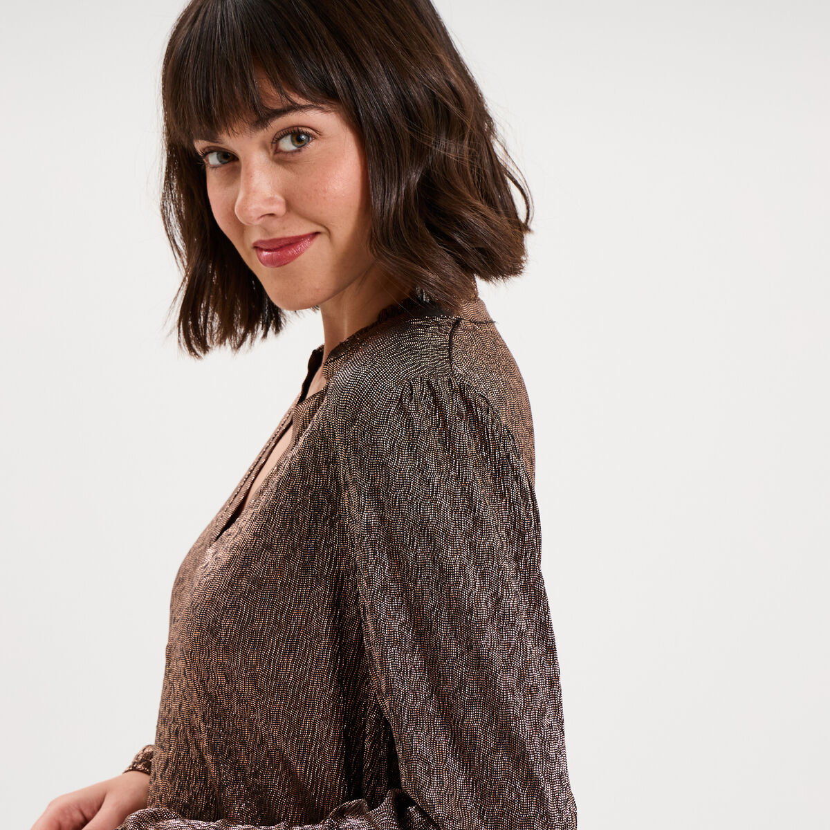 Blouse manches longues col tunisien terracotta femme