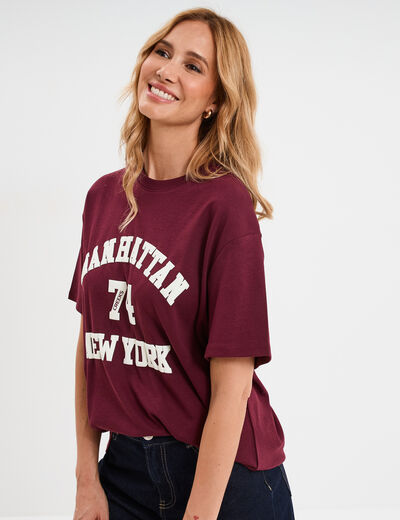 T-shirt col rond manches courtes coton bordeaux femme
