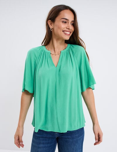 Blouse manches papillons col tunisien vert menthe femme