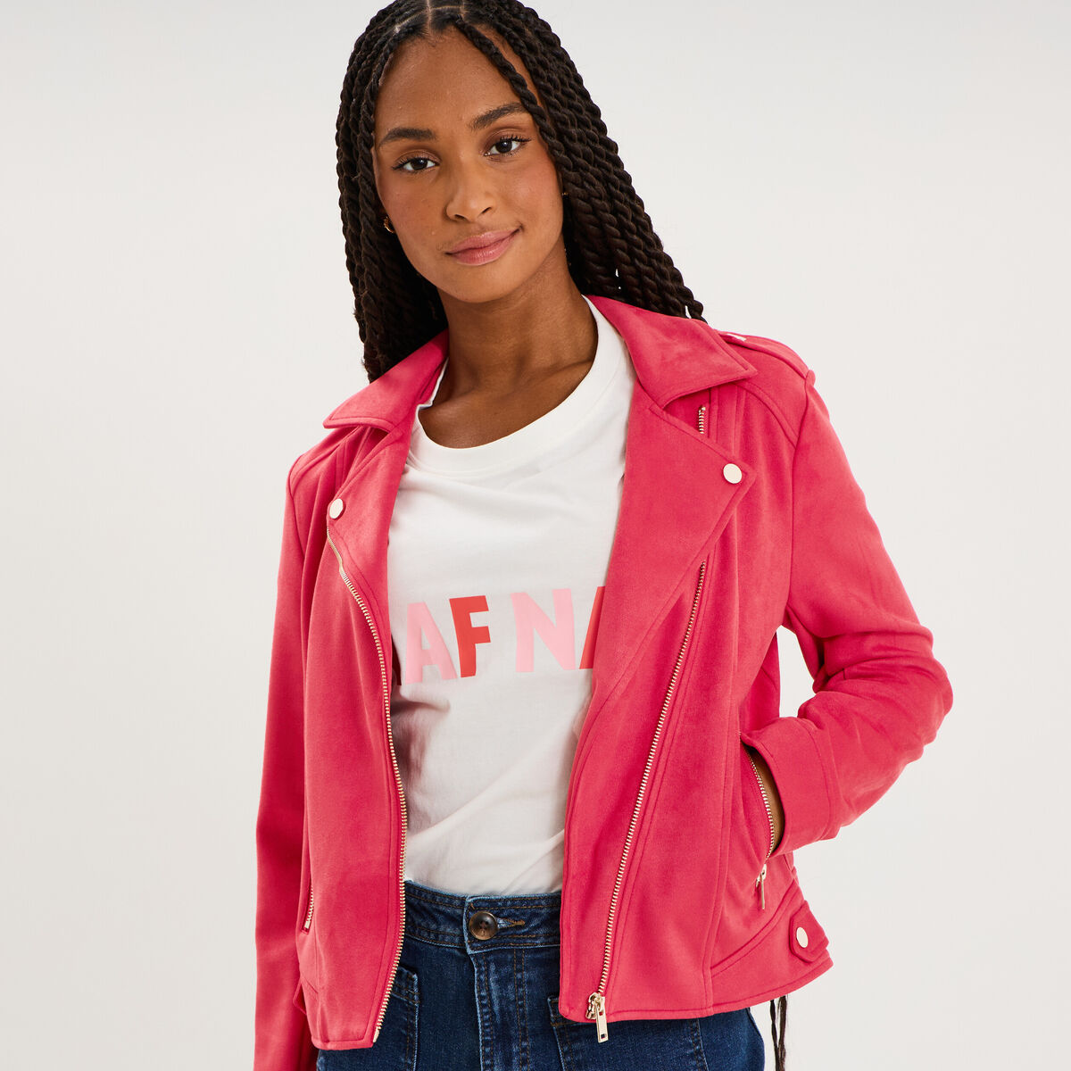 Veste biker en su&eacute;dine ajust&eacute;e rose cerise femme