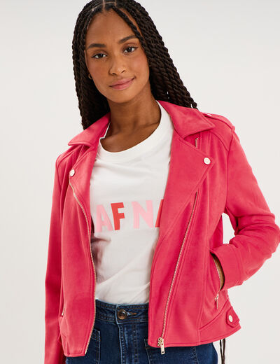 Veste biker en su&eacute;dine ajust&eacute;e rose cerise femme
