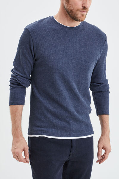 T-shirt col rond manches longues bleu marine homme