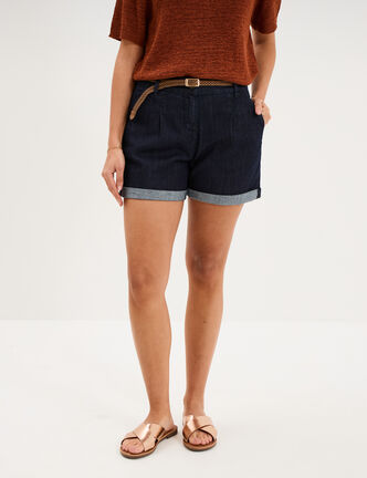 Short chino mom en jean ceintur&eacute; denim brut femme