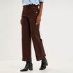 Pantalon wide leg cropped &agrave; boutons marron fonc&eacute; femme