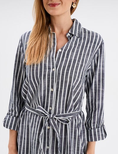 Robe chemise midi ceinturée coton bleu marine femme