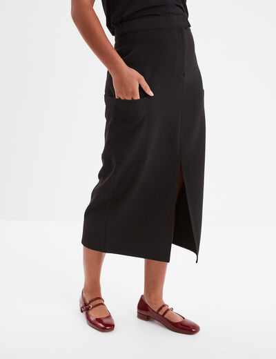 Jupe midi fendue poches plaquées côtés noir femme