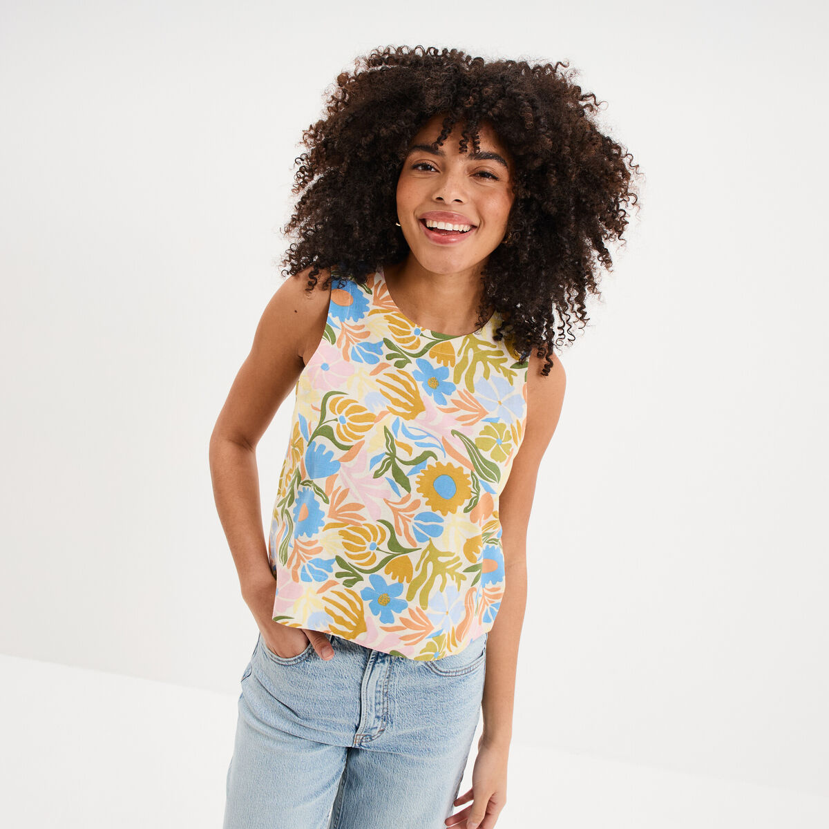 Blouse courte droite sans manches blanc femme
