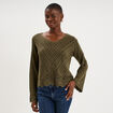 Pull ajour&eacute; col en V manches longues taupe femme