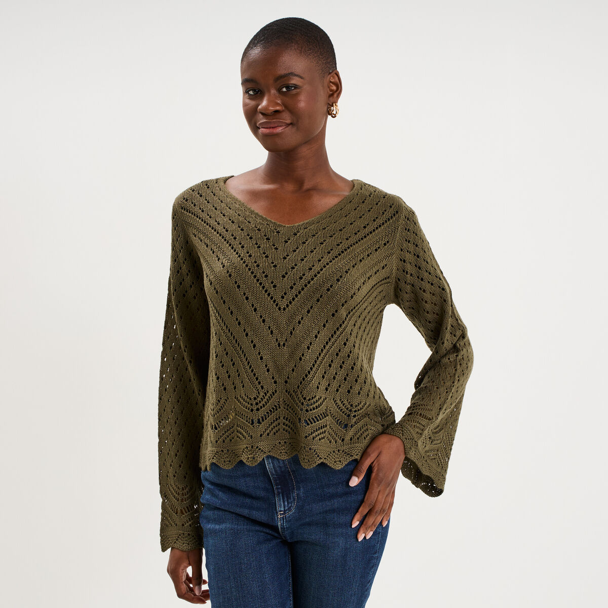 Pull ajour&eacute; col en V manches longues taupe femme