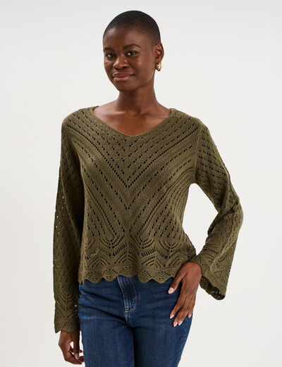 Pull ajour&eacute; col en V manches longues taupe femme