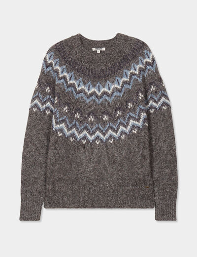 Pull jacquard col rond manches longues gris femme