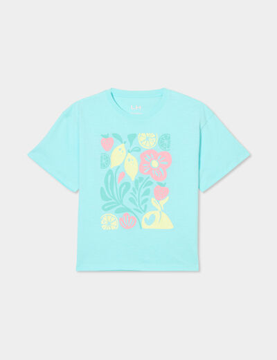 T-shirt col rond manches courtes coton bleu turquoise fille