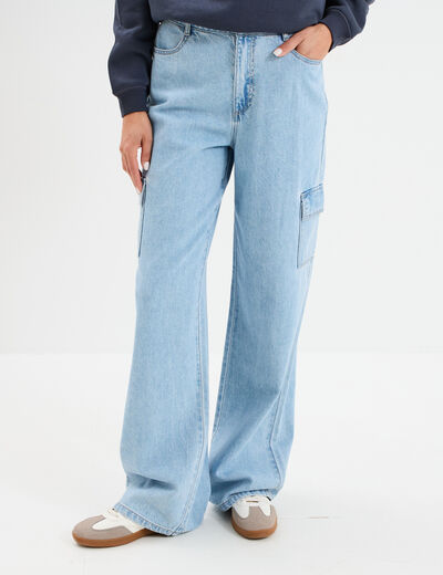 Jeans cargo large coton denim triple stone femme