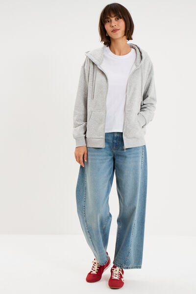 Sweat zipp&eacute; &agrave; capuche gris clair femme