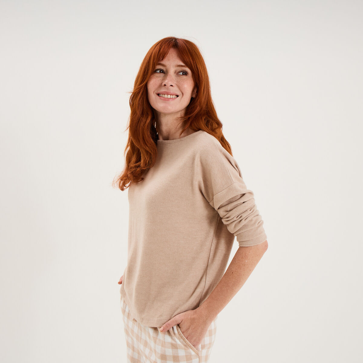 Pyjama pantalon manches longues beige clair femme