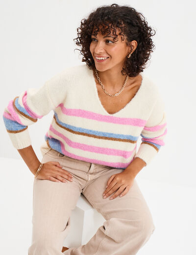 Pull col en V manches longues ecru femme