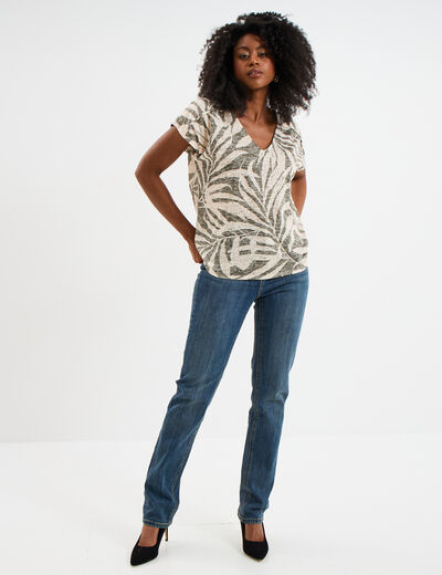 T-shirt col en V manches courtes vert kaki femme