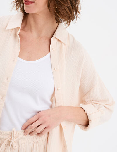 Chemise manches longues en gaze de coton beige femme