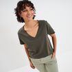 T-shirt manches courtes col en V coton vert kaki femme