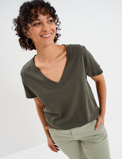 T-shirt manches courtes col en V coton vert kaki femme