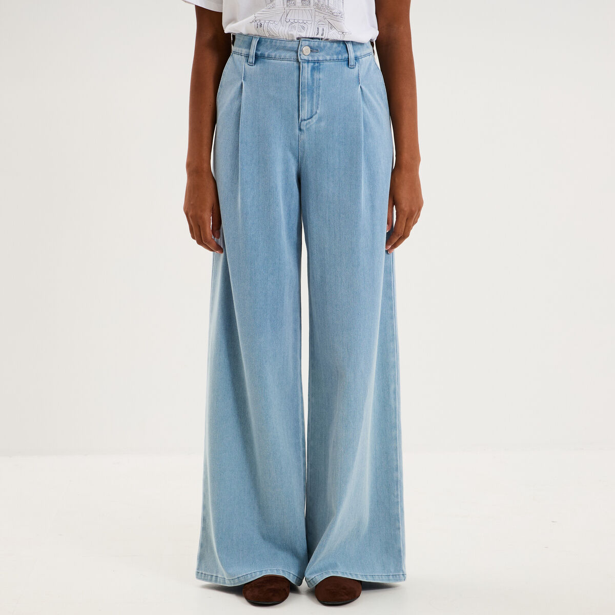Jean large taille mi-haute &agrave; pinces denim triple stone femme
