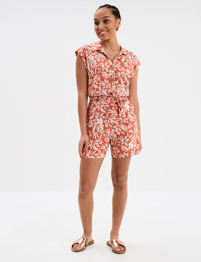 Combishort ceinturée col cubain terracotta femme