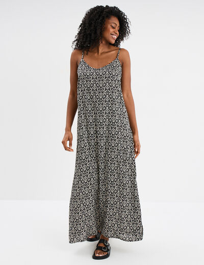 Robe longue droite fluide à bretelles noir femme