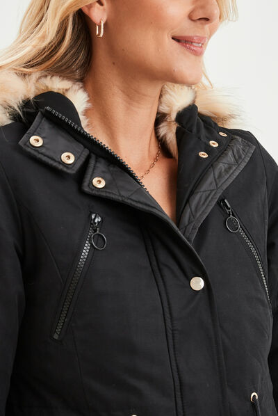 Parka cintrée à capuche fourrée noir femme