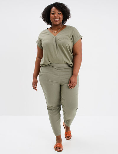 Pantalon chino droit en mélange de lin vert kaki femme grande taille