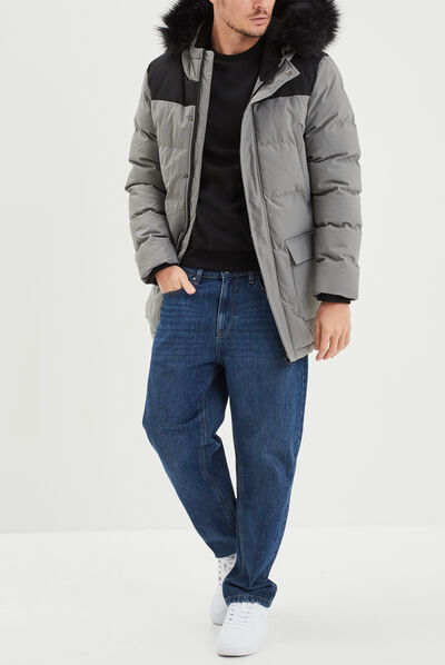 Doudoune mi-longue à capuche fourrure gris homme