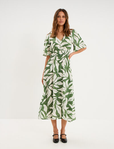 Robe longue col V taille &eacute;lastiqu&eacute;e vert kaki femme