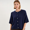 Gilet boutonn&eacute; manches courtes col rond bleu fonc&eacute; femme