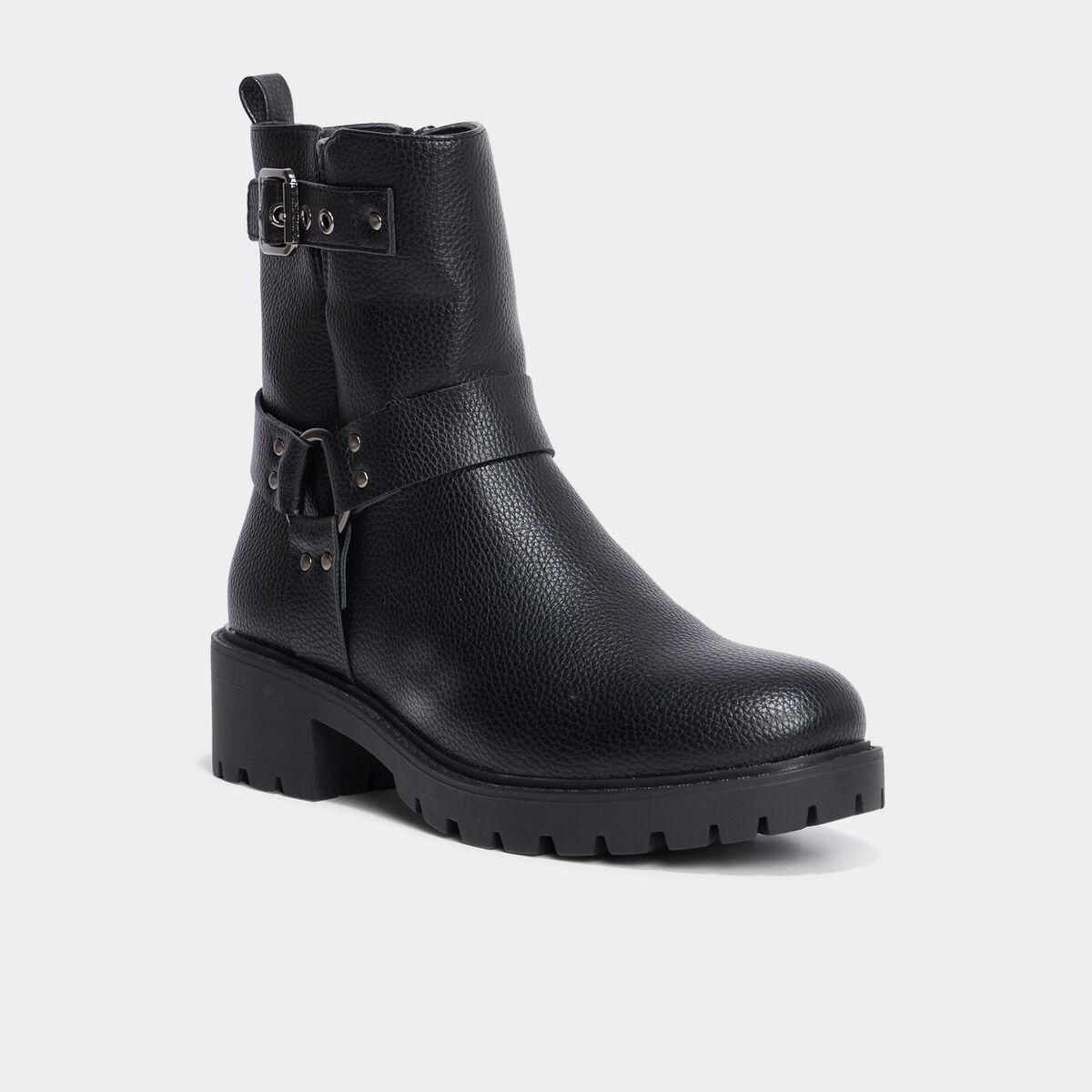 Bottines motardes crant&eacute;es avec brides noir femme