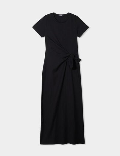 Robe midi taille effet noué coton noir femme