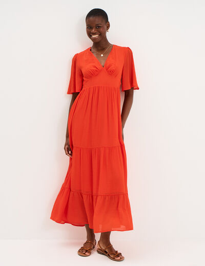 Robe longue fluide &agrave; volants orange fonc&eacute; femme
