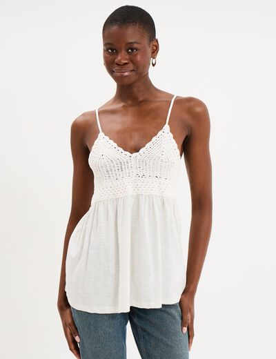 D&eacute;bardeur effet crochet col V coton blanc femme