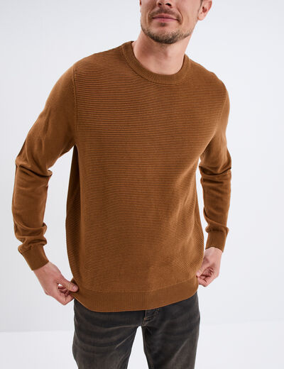 Pull col rond coton manches longues marron homme