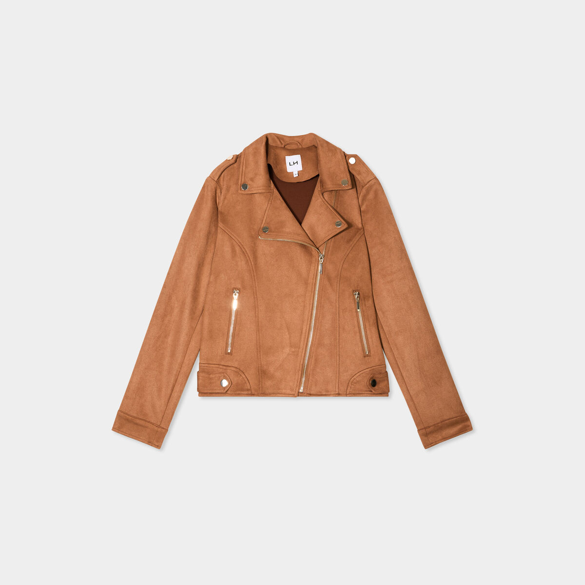 Veste courte esprit biker effet suédine marron clair femme