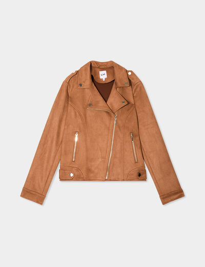 Veste courte esprit biker effet suédine marron clair femme