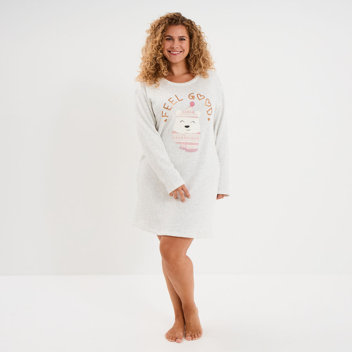 Chemise de nuit manches longues gris clair femme grande taille
