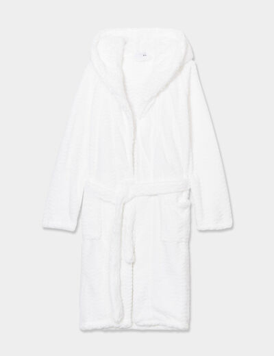 Peignoir long effet polaire à capuche ivoire femme