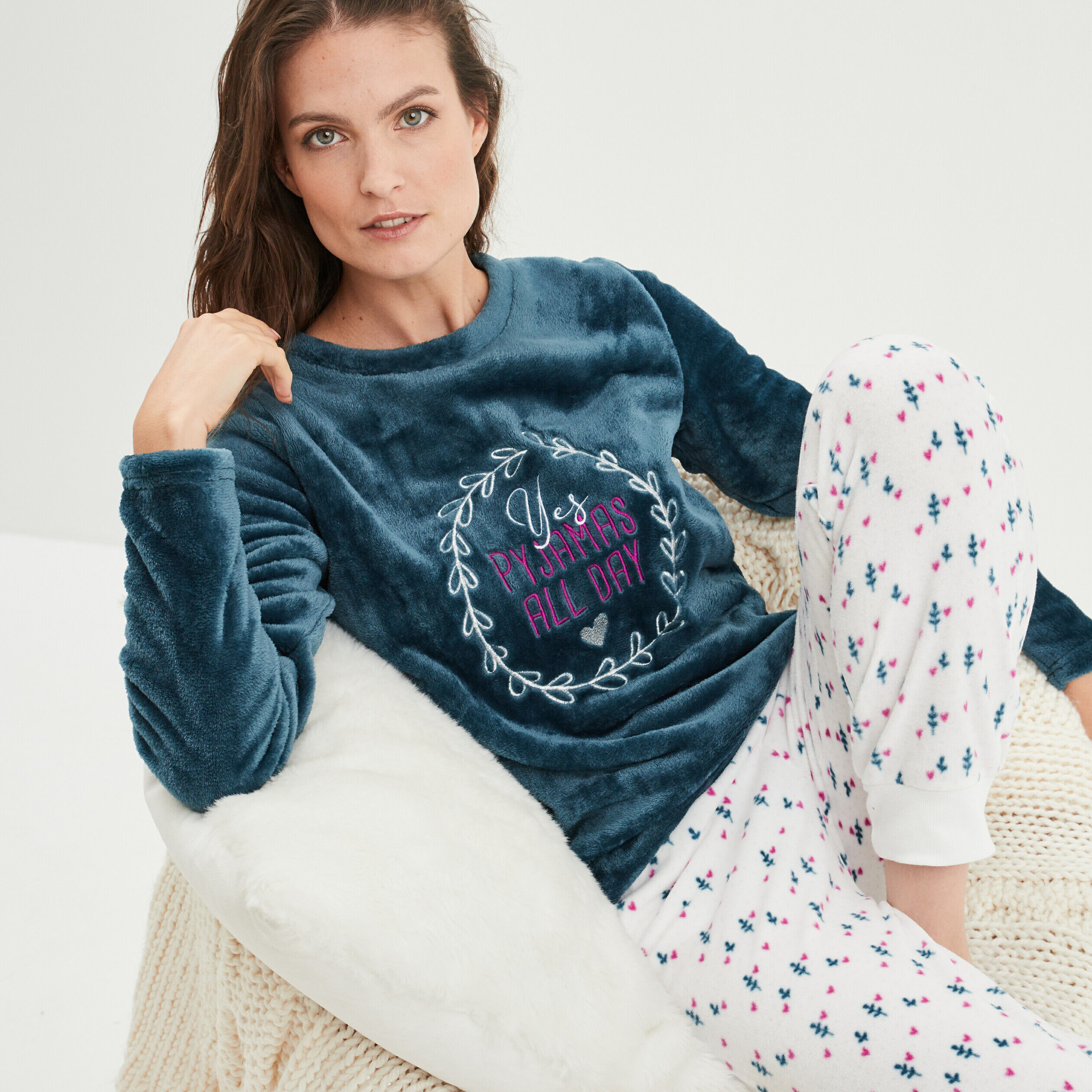 Ensemble pyjama pantalon velours bleu canard femme LH