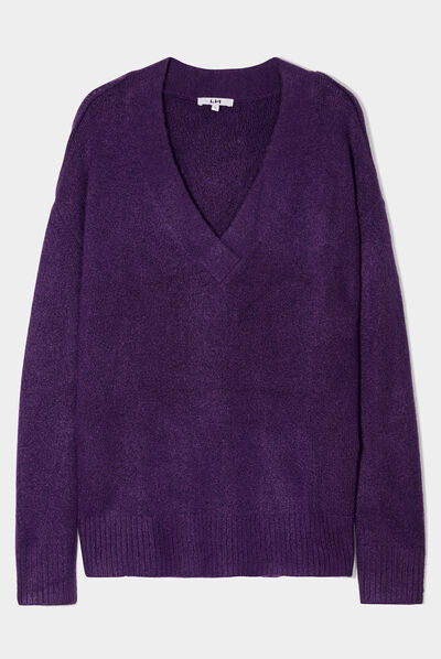 Pull col en V fentes aux côtés violet foncé femme