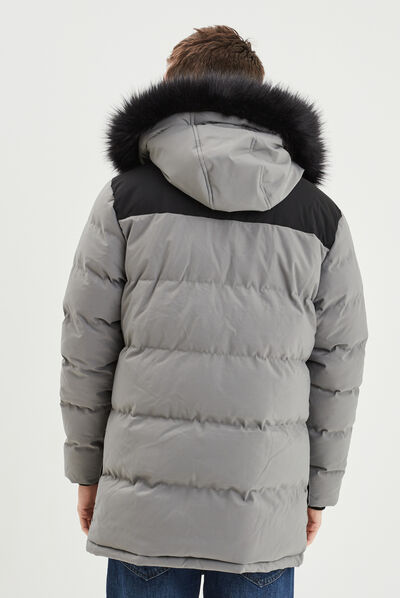Doudoune mi-longue à capuche fourrure gris homme