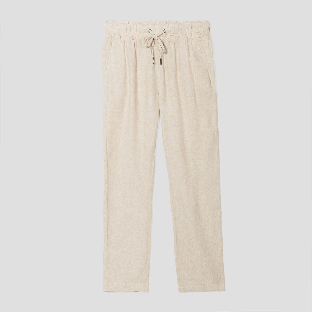 Pantalon droit fluide en mélange de lin beige femme
