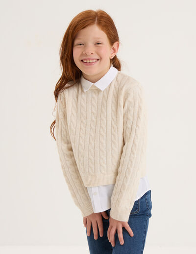Pull effet 2-en-1 col chemise ivoire fille