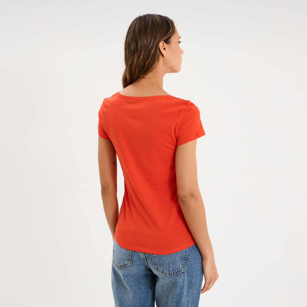 T-shirt coton col rond manches courtes orange femme