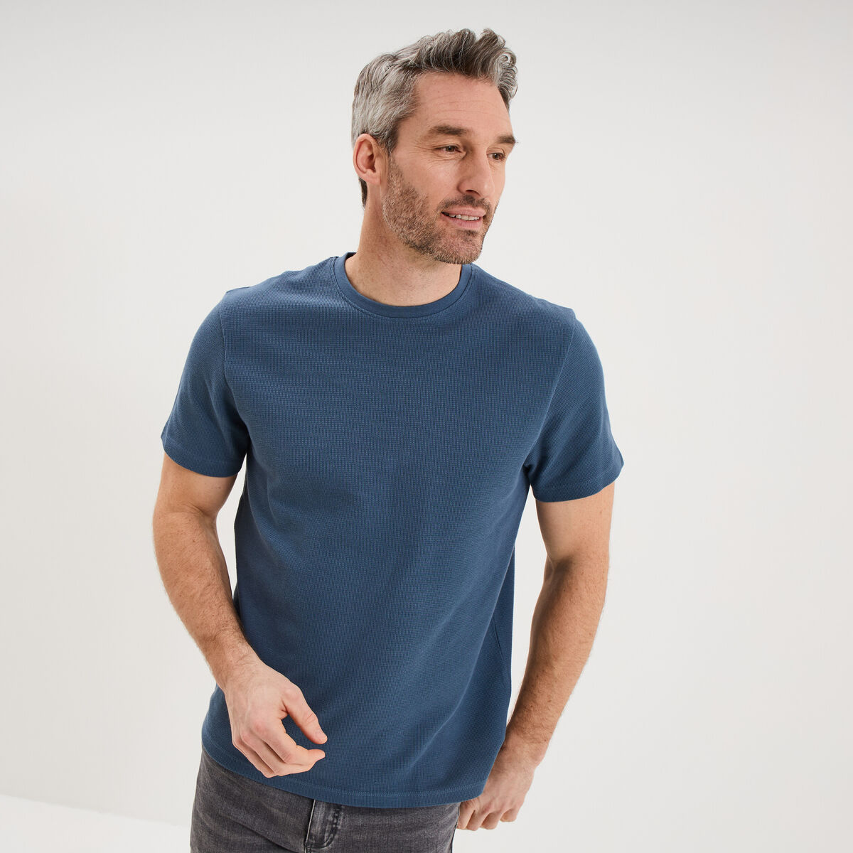 T-shirt textur&eacute; droit col rond coton bleu gris homme