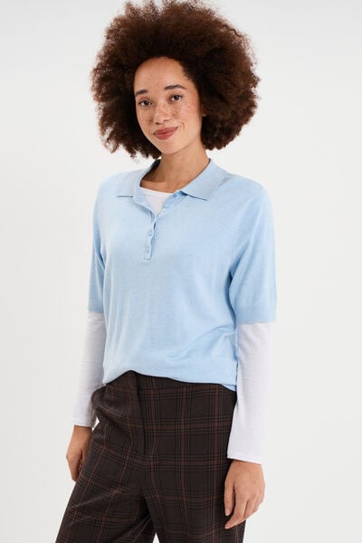 Pull col polo manches courtes bleu femme